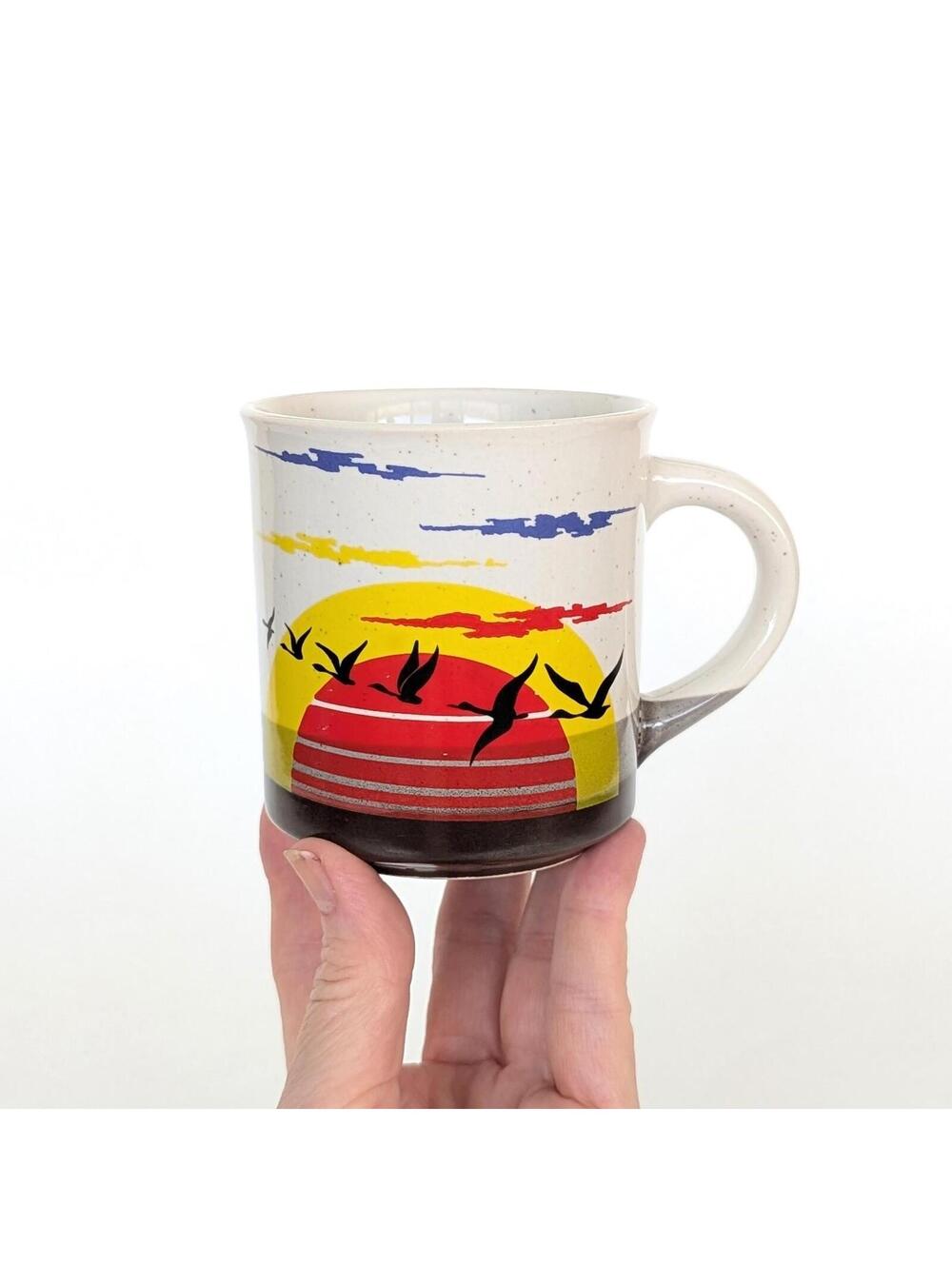 1970s Coffee Mug with Sunset and Flying Geese